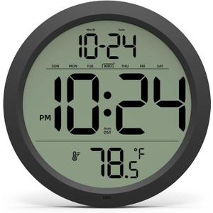 Digital Wall Clock with Date, Indoor Temperature, Auto-DST, Battery-Operated Digital Clock, 8 Inch Small Decorative Wall Clock for Bedroom, Living Room, Home, Kitchen, Office, Modern, Electric, Simple (Black)