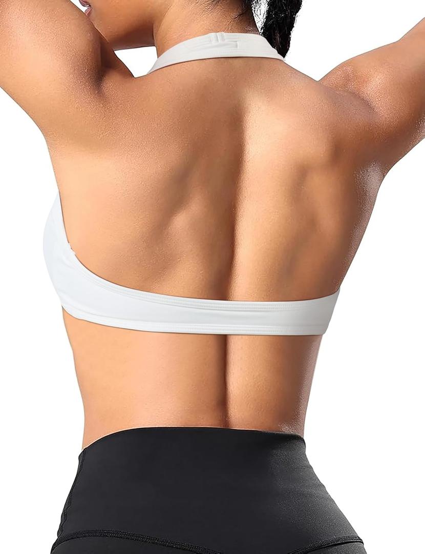 OMKAGI Halter Sports Bras for Women Open Back Workout Bras Padded Yoga Bra Gym Tops(S, 247-White)