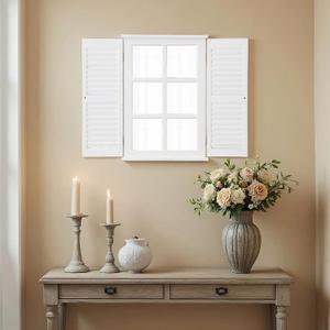 Rustic White Window Mirror with Shutters 16 X 24 Inch, Hanging Farmhouse Wood Frame Rectangle Window Pane Mirror for Wall Decor Living Room Entryway, Door Handles with a Distressed Finish