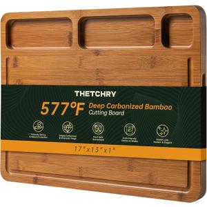 THETCHRY Carbonized Bamboo Cutting Boards for Kitchen, 1"Thickened Cutting Board with Juice Groove, Large Butcher Block with Handle, Wood Charcuterie Chopping Board for Prep & Serving Tray, 17" x 13"