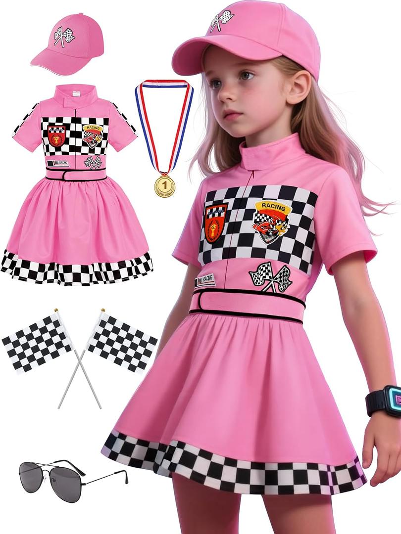 Race Car Driver Costume for Girls Racing Outfit for Toddler Racer Dress Up (7-8 Years, Pink)