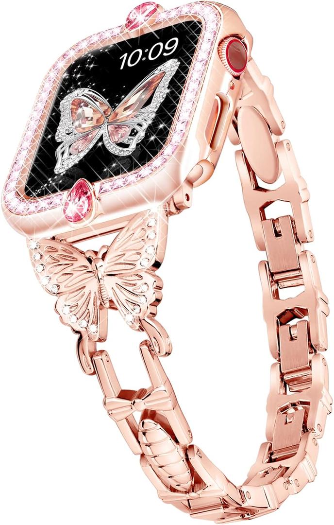 wipalor Compatible with Apple Watch Band 44mm+Gemstones Case, Lightweight for Women, Easy Adjustable Bracelet, Shiny Diamond on Butterfly, Jewelry Metal Strap for iWatch Series 6 5 4 SE(Rose Gold)