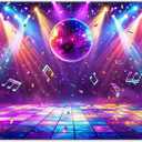 Fabric 7x5ft Disco Stage Photography Backdrop Rainbow Stage Music Retro Colorful Ball Spotlight Rock Notes Background Glow Dance Party Decorations Photo Banner Props
