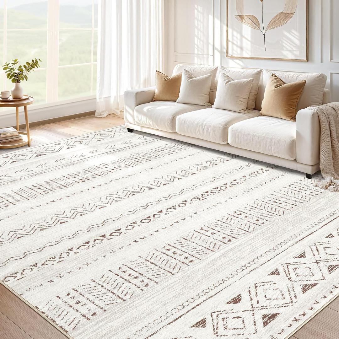 cotiled 10x12 Area Rug Living Room: Washable Boho Rugs with Non Slip Backing Large Soft Indoor Stain Resistant Carpet for Bedroom Farmhouse Dining Room Lightweight Home Decor L Brown/Cream