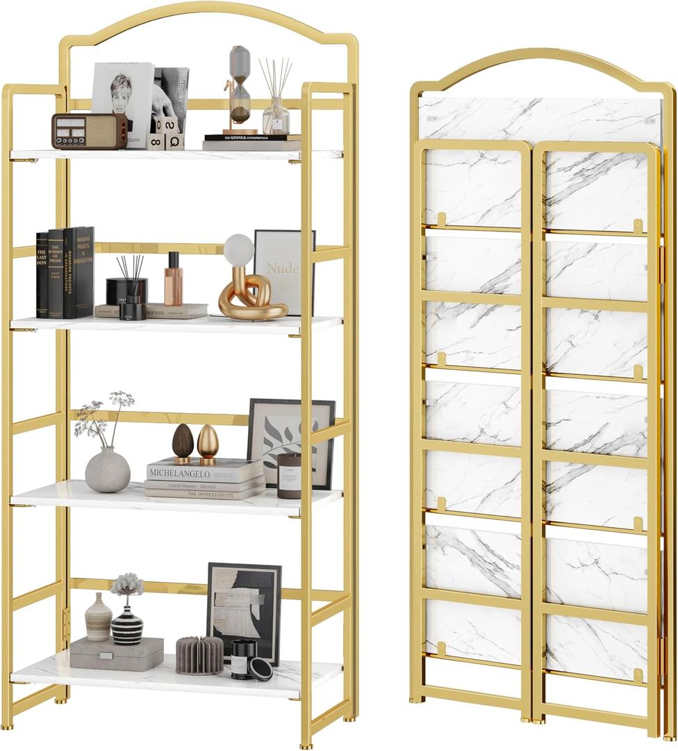 JSB 4 Tier No Assembly Folding Bookshelf, Arched Bookshelf, Foldable Bookcase for Living Room, Bedroom, Office,Skinny Bookshelf (White and Gold)