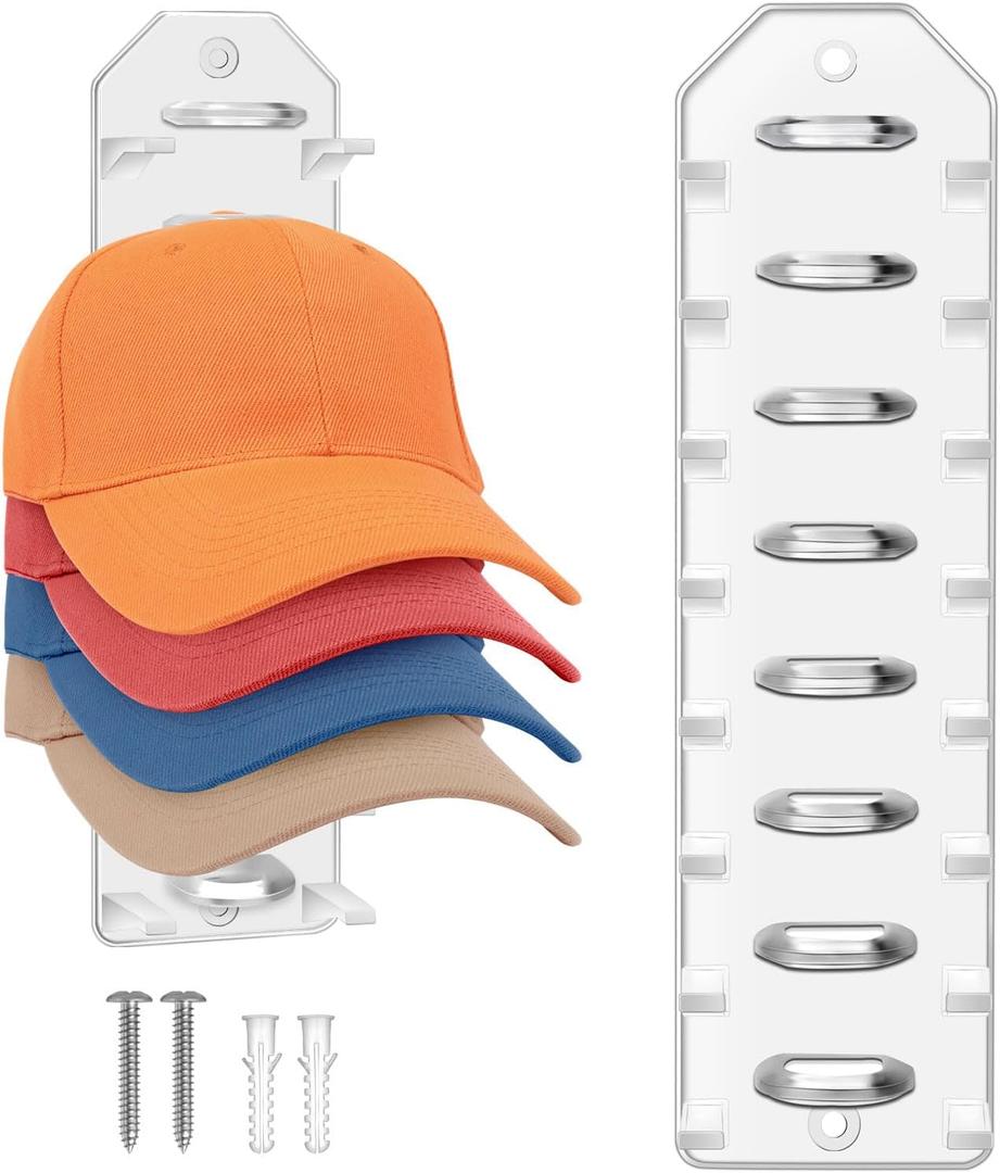 Hat Organizer for Baseball Caps, 1 Pack Hold and Display for 8 Hats, Hanger With Strong Adhesive/Wall Drilled for Wall, Door, Bedroom, Closet - Clear