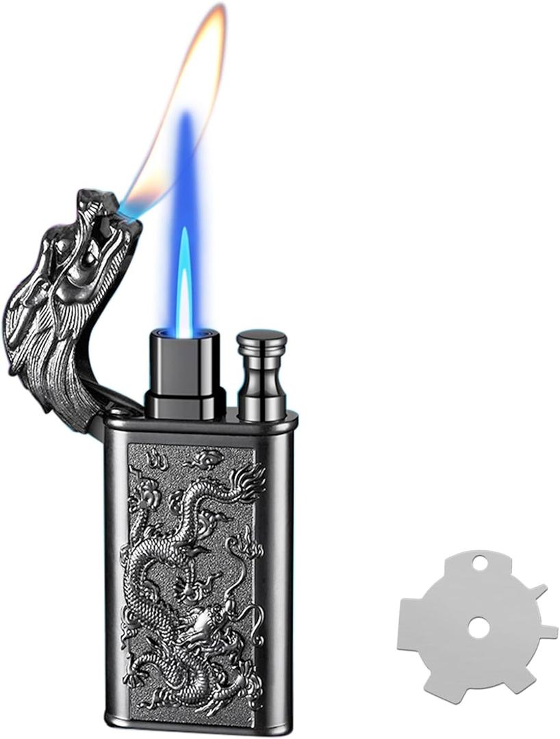Torch Lighter, Relief Dragon Design Magic Dual Flame Lighter with Adjusting Flame Tool, Creative Windproof Lighter, Cool Refillable Butane Lighter for Outdoor Indoor- Black Nickel Dragon