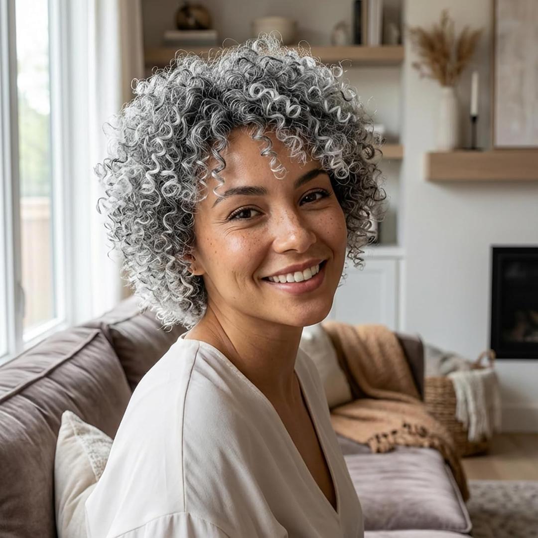 CINHOO Gray Curly Hair Topper for Thinning Hair with Bangs Clip on Ponytails for Black Women Mens Hair Piece Unite Hair Products Salt and Pepper Wigs for Women Toupee for Men(1B/Gray)