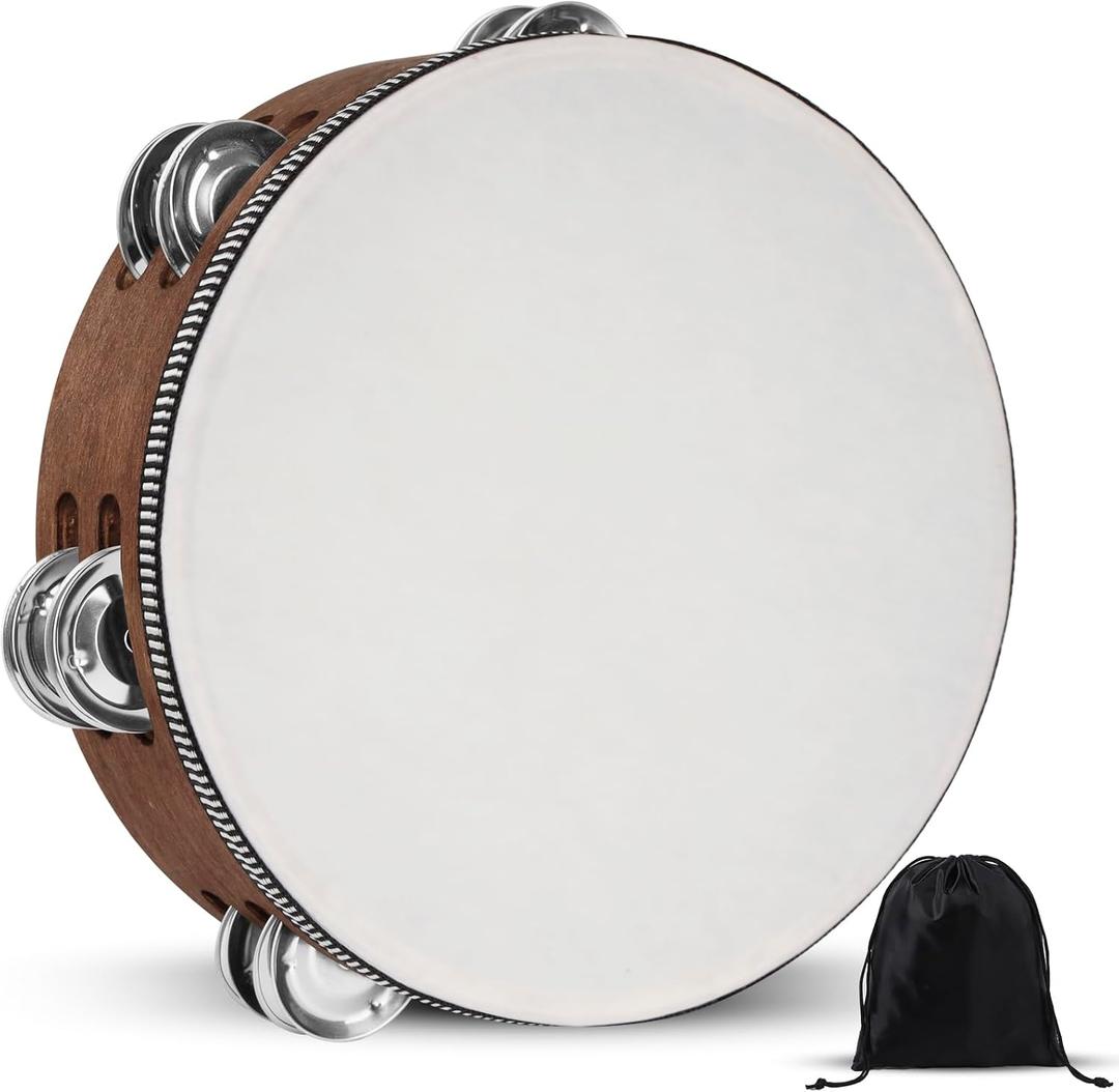 Wooden Hand Held Percussion Tambourine with Storage Bag - 8 Inches, Ideal for Church, Wedding, Party, Dance, Photo Shoot