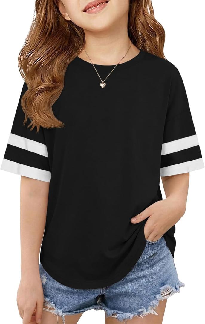 ZDC Girls Striped Short Sleeve T Shirts Kids Crewneck Loose Fit Tunic Tops Summer Tees Blouses 9-10 Years (Black)