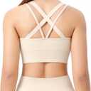 Sports Bras for Women, Criss-Cross Back, Adjustable Wire-Free Medium Support Workout Bra with Removable Cups (Beige)