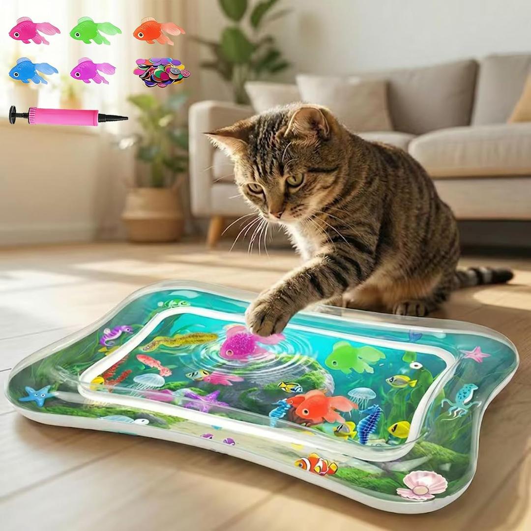 Interactive Cat Toy for indoor Cats, Upgraded Cat Water Mat with Fish - Thickened 0.7mm Enrichment Stimulating Water Sensory Play Mat, Water Bed Toys for Bored Adult Kitten Cats to Exercise & Hunting