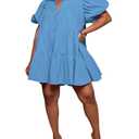 WOKANSE Women's Cute Babydoll Dresses Casual Loose Puff Sleeves Ruffle Hem Button Down Pleated Shirt Dress Size XXL