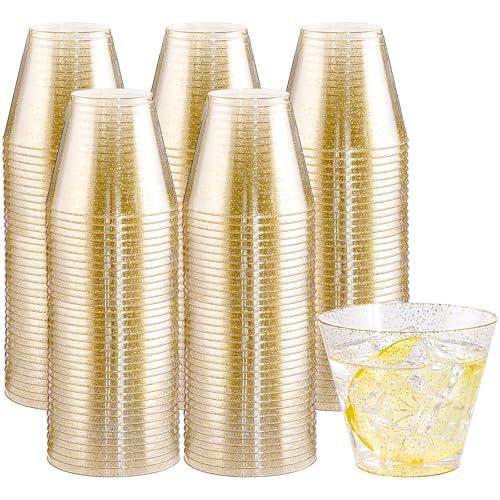 Hioasis 100Pcs 9OZ Gold Glitter Plastic Cups - Gold Plastic Cups, Heavy Duty & BPA-free for Party, Wedding, Celebrations