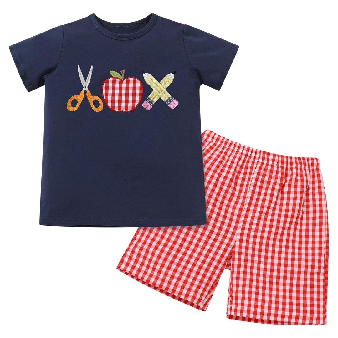 IMEKIS Back to School Outfits for Boy: First Day of School Outfit Boys Kindergarten Apple Shirt Top with Shorts Matching Sets Picture Day Outfits for School Toddler Kids Preschool Navy Blue 5-6 Years