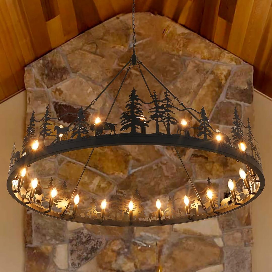 Wellmet Black Wagon Wheel Chandelier, Extra Large Rustic Wagon Wheel Pendant Light for Dining Room, Forest Wagon Wheel Chandelier for Living Room, Bedroom, Entryway, Hallway, Cafe, Bar 60''W