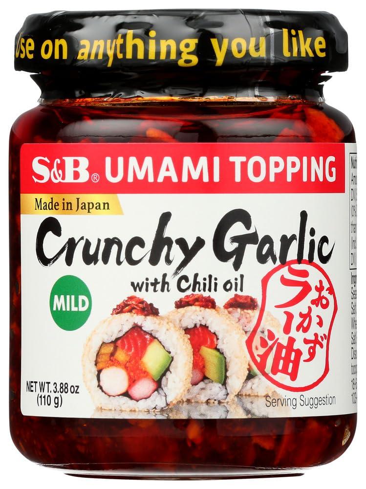 S & B Crunchy Garlic with Chili Oil, Mild, Use on Anything You Like, 3.9 Ounce (Pack of 6), BB 9/4/2026