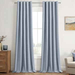 EMEMA Chambray Blue Linen Blackout Curtains 84 inch Long 2 Panels Set for Bedroom Back Tab Thermal Insulated 100% Black Out Drapes Pinch Pleated Hooks Room Darkening Window Curtain for Living Room