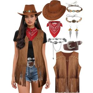 Cowgirl Costume for Women Retro Fringe Vest Cowboy Outfits Hat Earrings Waist Chain Western Costume (Small, Brown)