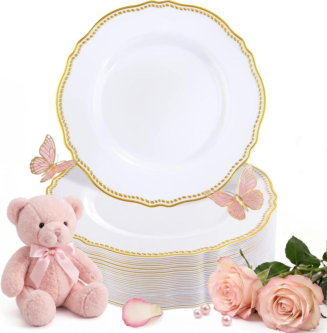 Hioasis 60pcs Gold Plastic Plates - White and Gold Disposable Dinnerware with Gold Rim, Heavy-duty, 7 inch, Dessert Plates for Party & Thanksgiving