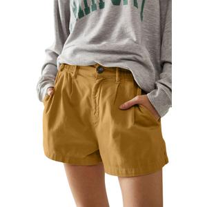 Allimy Womens 2026 Casual Summer Elastic Waist High Waist Pleated Button Zipped Shorts Wide Leg Trousers with Pockets (Brown, S)