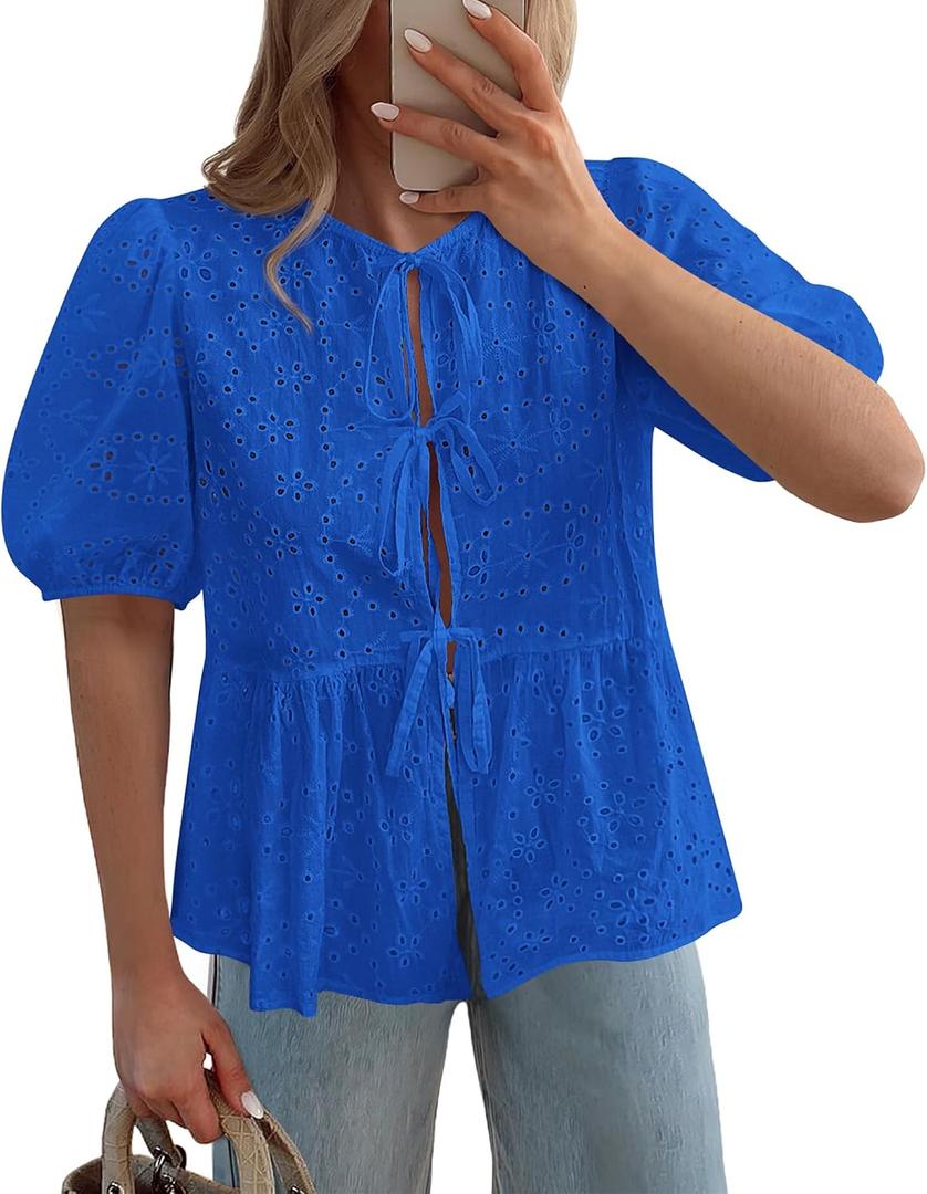 KIRUNDO Peplum Tops for Women 2026 Summer Eyelet Tie Front Blouses Casual Short Lantern Sleeve Cute Y2K Lace Babydoll Shirts (S)
