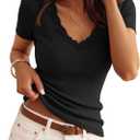 ZESICA Women's Summer 2026 Short Sleeve Lace V Neck Tops Fitted Ribbed Knit Casual Basic T Shirts Y2k Going Out Work Blouses, Smal