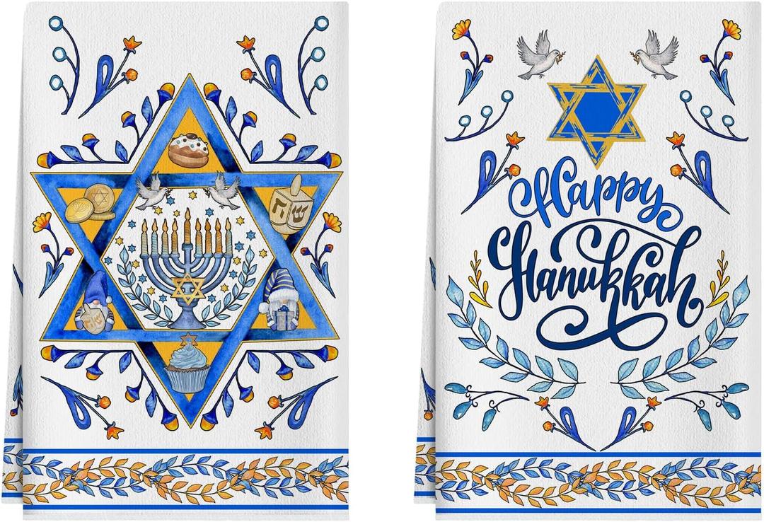 XCHI Happy Hanukkah Six-Pointed Star Olive Leaf Chanukah Menorah Kitchen Towels Dish Towels 18x26 Inch Home Kitchen Decorations Hand Towels Set of 2 Drying Dishcloth