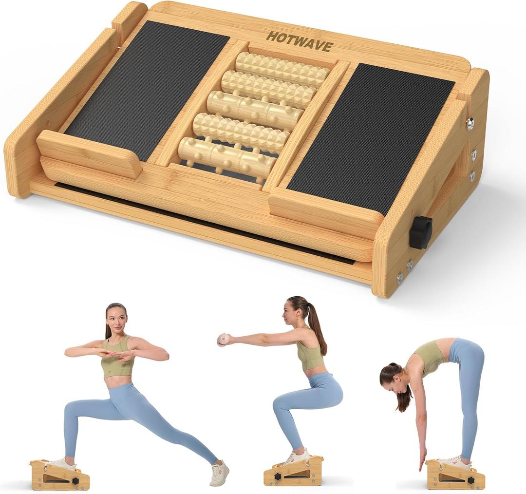 HOTWAVE Slant Board for Calf Stretching with Foot Massage Roller, Calf Stretcher Slant Board for Exercise, Portable Adjustable Bamboo Incline Slantboard for Ankle Knees Leg Physical Therapy Equipment