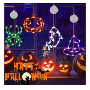 4 Pack Halloween Decorations, Orange Pumpkin, White Ghost, Purple Witch Hat, Green Spider Lights, Battery Operated Halloween Window Lights with Suction Cup and Timer for Decor