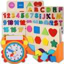 Wooden Puzzles for Toddlers and Rack Set - (3 Pack) Bundle with Storage Holder Rack and Learning Clock - 3 in 1 Kids Educational Preschool Peg Puzzles  Alphabet, Letters, Numbers and Shapes