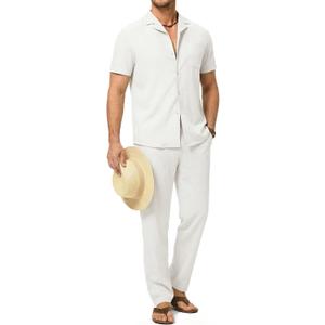 Dokotoo Men Men's Beach Outfit 2 Piece Casual Button Down Shirt Short Sleeve Loose Shirts and Pants Vacation Sets for Men