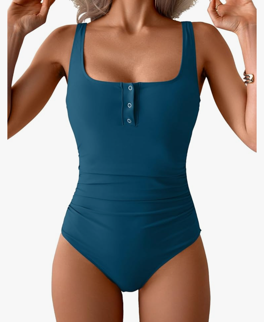 B2prity One Piece Swimsuit for Women Tummy Control Ruched Slimming Bathing Suit Button Full Coverage Swimwear, Large, Blue