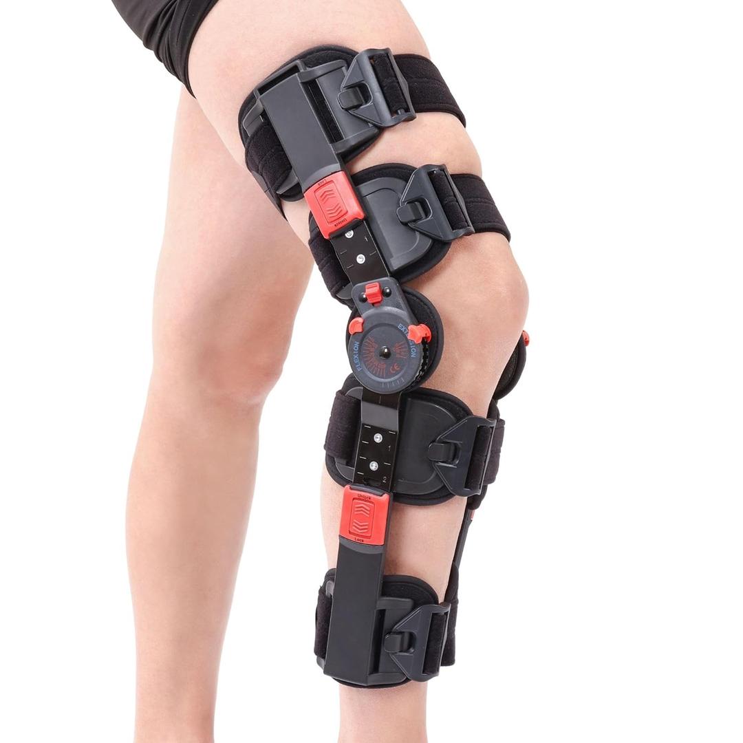 Hinged ROM Knee Brace with Shoulder Strap Post Op Knee Immobilizer Adjustable Knee Support with Side Stabilizers Medical Knee Orthopedic Support for Men and Women, Left or Right Leg (Red)