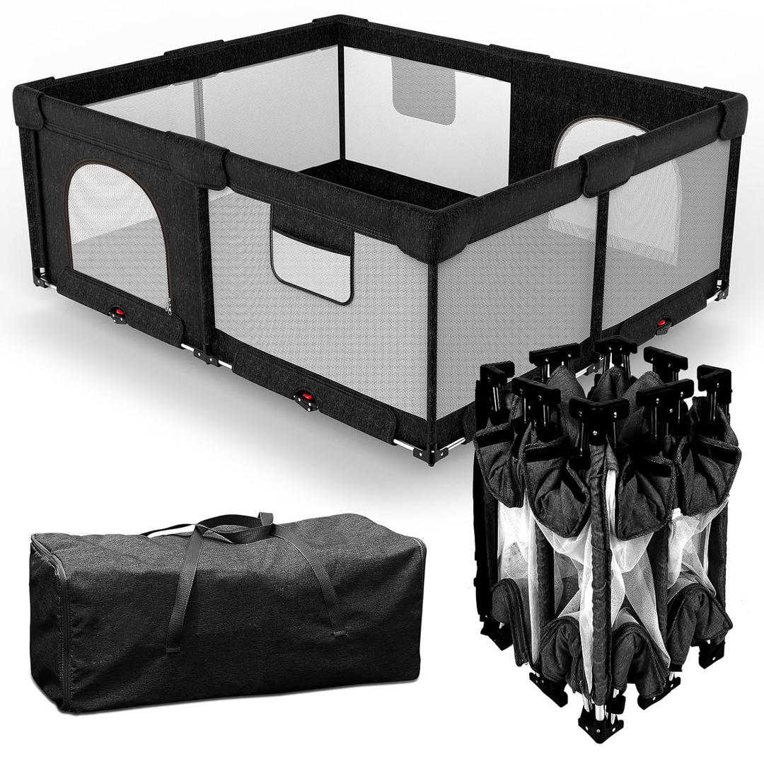 Dearlomum Foldable Baby Playpen with Gate, Extra Large Collapsible Play Yard for Babies & Toddlers, Portable Travel Playpen, Baby Activity Center for Indoor & Outdoor Use (Black 59"71")