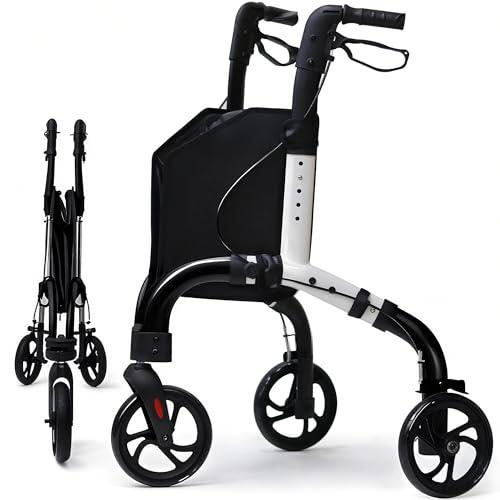 Premium 3 Wheel Rollator Walker for Seniors, Lightweight Foldable Elderly Three Wheeled Rollator with Storage Bag, Aluminum Mobility Aid Rolling Walker (Black & White)