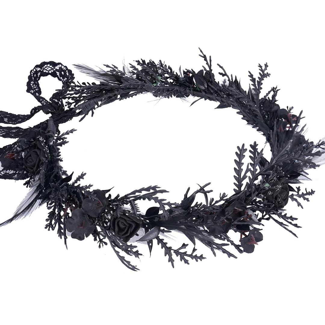 MOSTORY Black Flower Crown for Women - Gothic Floral Headband for Goth Wedding Renaissance Accessories, Dark Fairy Flower Headpiece with Feather for Witch Costume Cosplay Renfaire