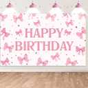 Pink Bow Birthday Backdrop,Bow Happy Birthday Banner Decorations for Girls Women Party Decor