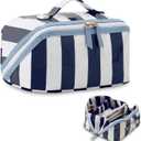 DYSHAYEN Stripe Travel Makeup Bag with Compartments Clear Coated Cosmetic Bag for Women, Waterproof Portable Open Flat Toiletry bag White-Navy