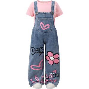 Toddler Girl Summer Clothes Short Sleeve Denim Overall Jumpsuit with Top Girls Spring Outfits Set (6-7 Years, Pink)