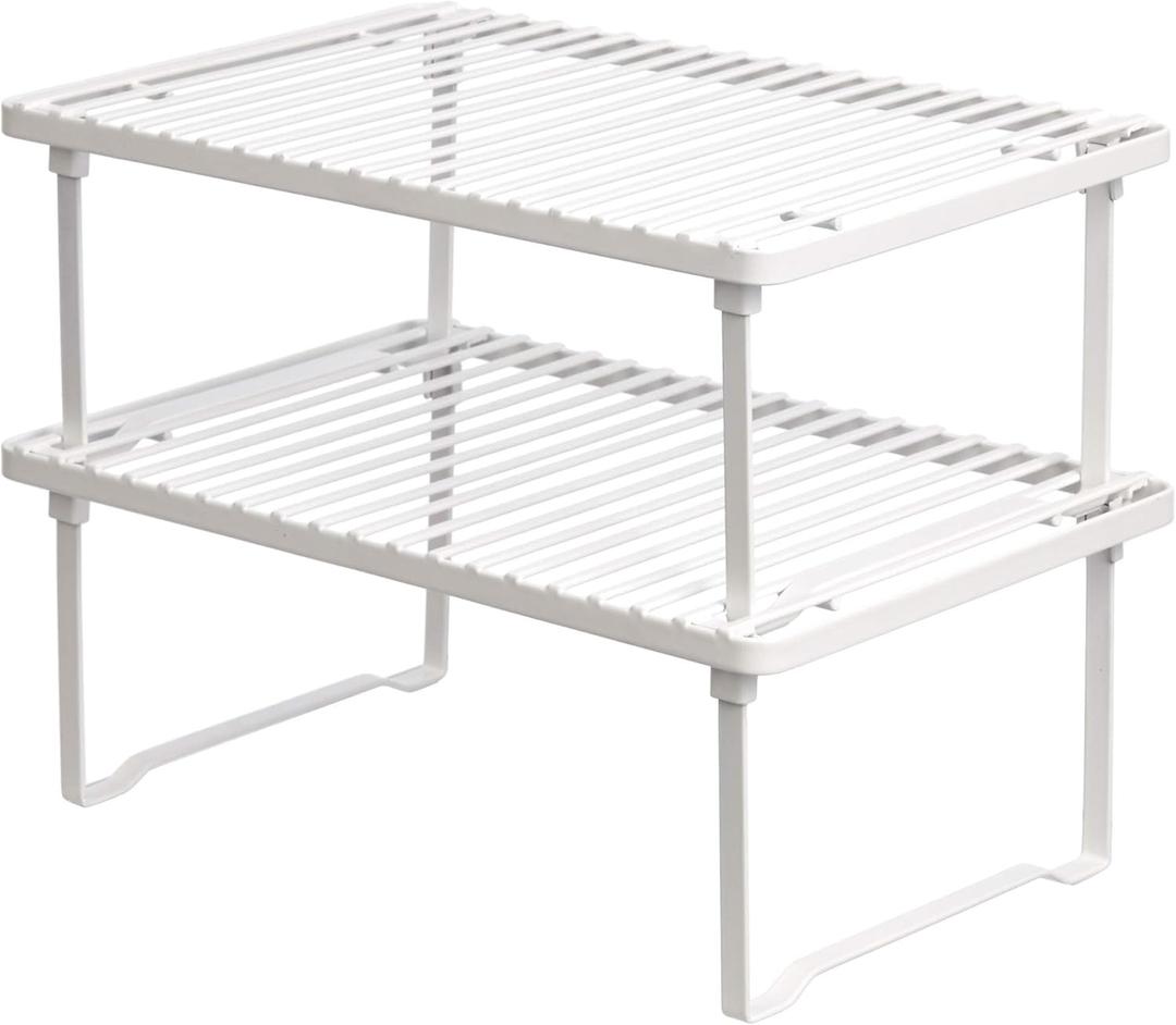 Amazon Basics Stackable Metal Kitchen Storage Shelves for Dishes, 12.5" L x 8" D x 4.5" H, Set of 2, White