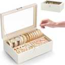 Jewelry Organizer Box with Clear Glass Lid, Bracelet Holder Jewelry Storage Case for Earrings, Rings, Bangles, Watches - PU Leather Jewelry Display Box Gifts for Women Girls, White