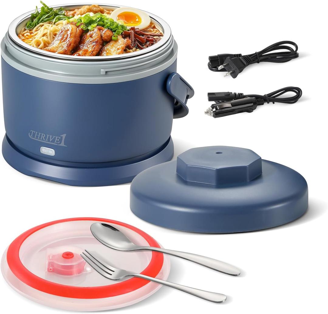 Electric Lunch Box for Adults 40 oz Portable Food Warmer 12V/24V/110V/220V Heated Lunch Box for Work, Office, Car, Travel, Home Use (Blue)