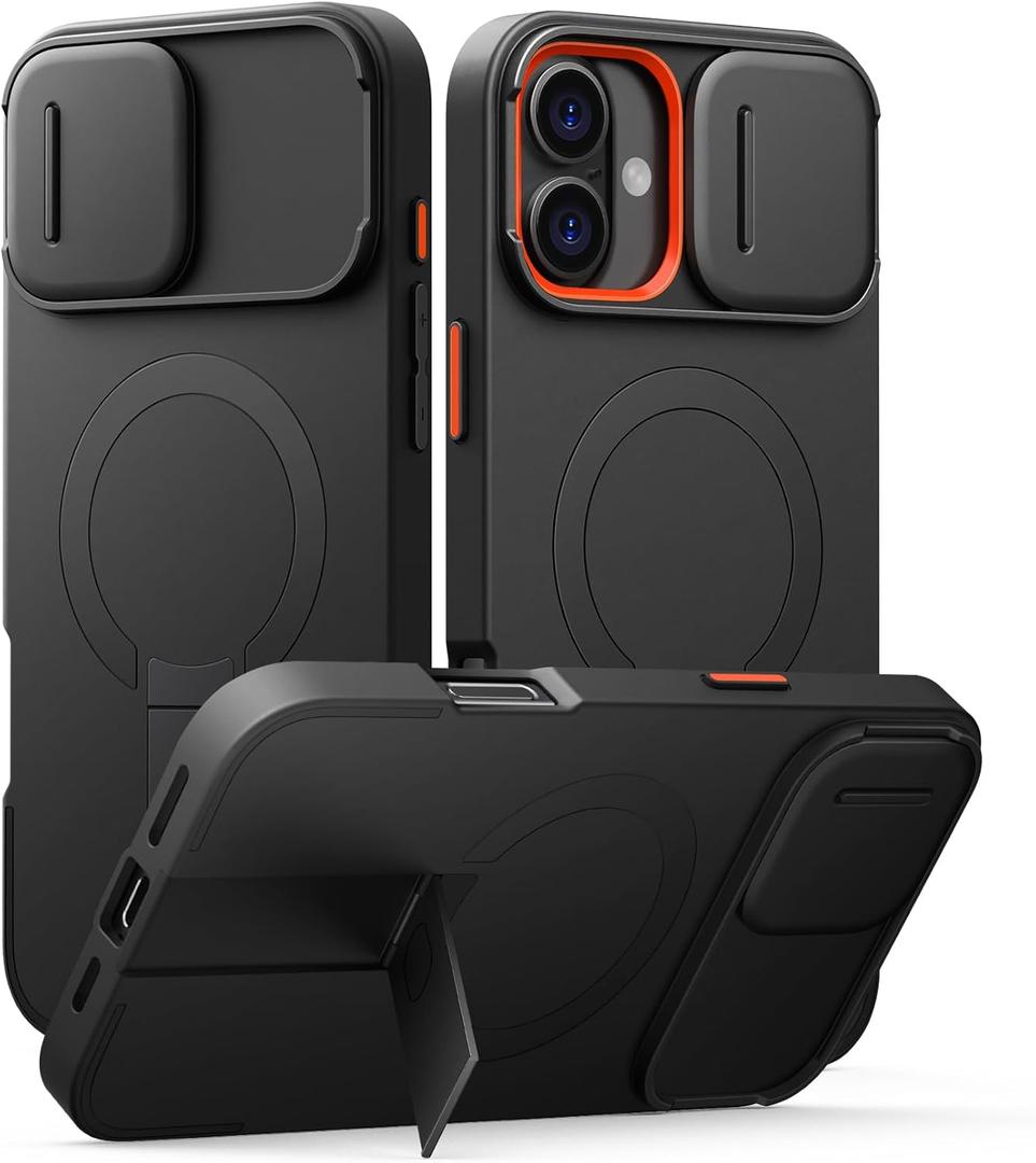 SURITCH for iPhone 16 Case with Magnetic Camera Slide Cover and Adjustable Kickstand, Compatible with MagSafe, Shockproof Bumper Case Slim Protective Cover 6.1 Inch, Black