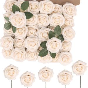 MACTING 60PCS Artificial Rose Flowers Real Touch Fake Flowers with Stem Foam Roses for DIY Weedding Bouquet Table Centerpieces Party Baby Shower Home Spring Mothers Day Decorations(Cream)