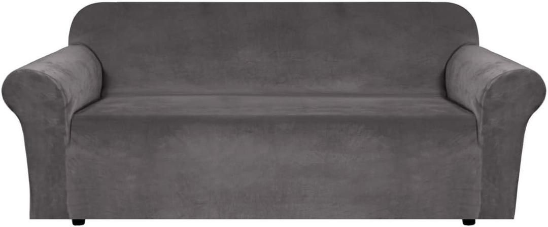 H.VERSAILTEX Stretch Velvet Sofa Covers for 3 Cushion Couch Covers Furniture Protector Soft with Non Slip Elastic Bottom, Crafted from Thick Comfy Rich Velour (Large Sofa 90"-97", Grey)