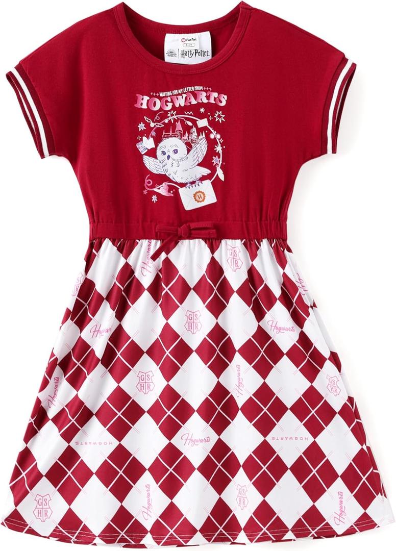 Harry Potter Dress Girls Clothes Gryffindor Hedwig Owl Print Short Sleeves Sun Dress Summer Casual for Teen Girls (7-8 Years, Burgundy)