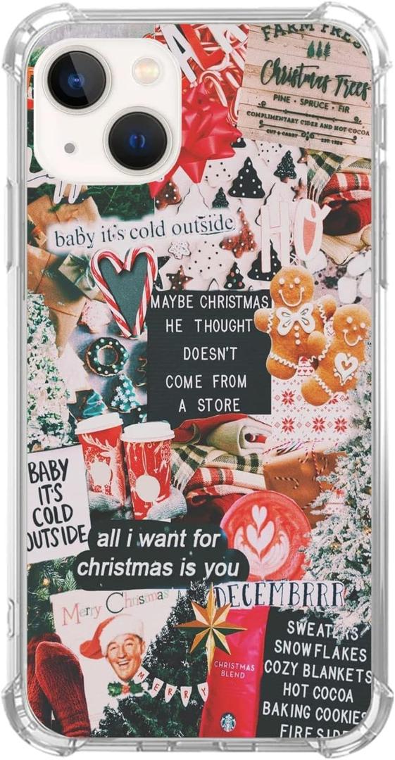 Winter Collage Christmas Case for iPhone 14, Retro Aesthetic Christmas Tree and Gingerbread Case for Girls Women Men, Unique Trendy TPU Bumper Cover Case for iPhone 14