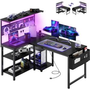 Apicizon L Shaped Desk Gaming Desk with LED Light & Power Outlet, 47 Inch Reversible Computer Desk with Pegboard & Shelf & Storage Bag for Home Office, Black