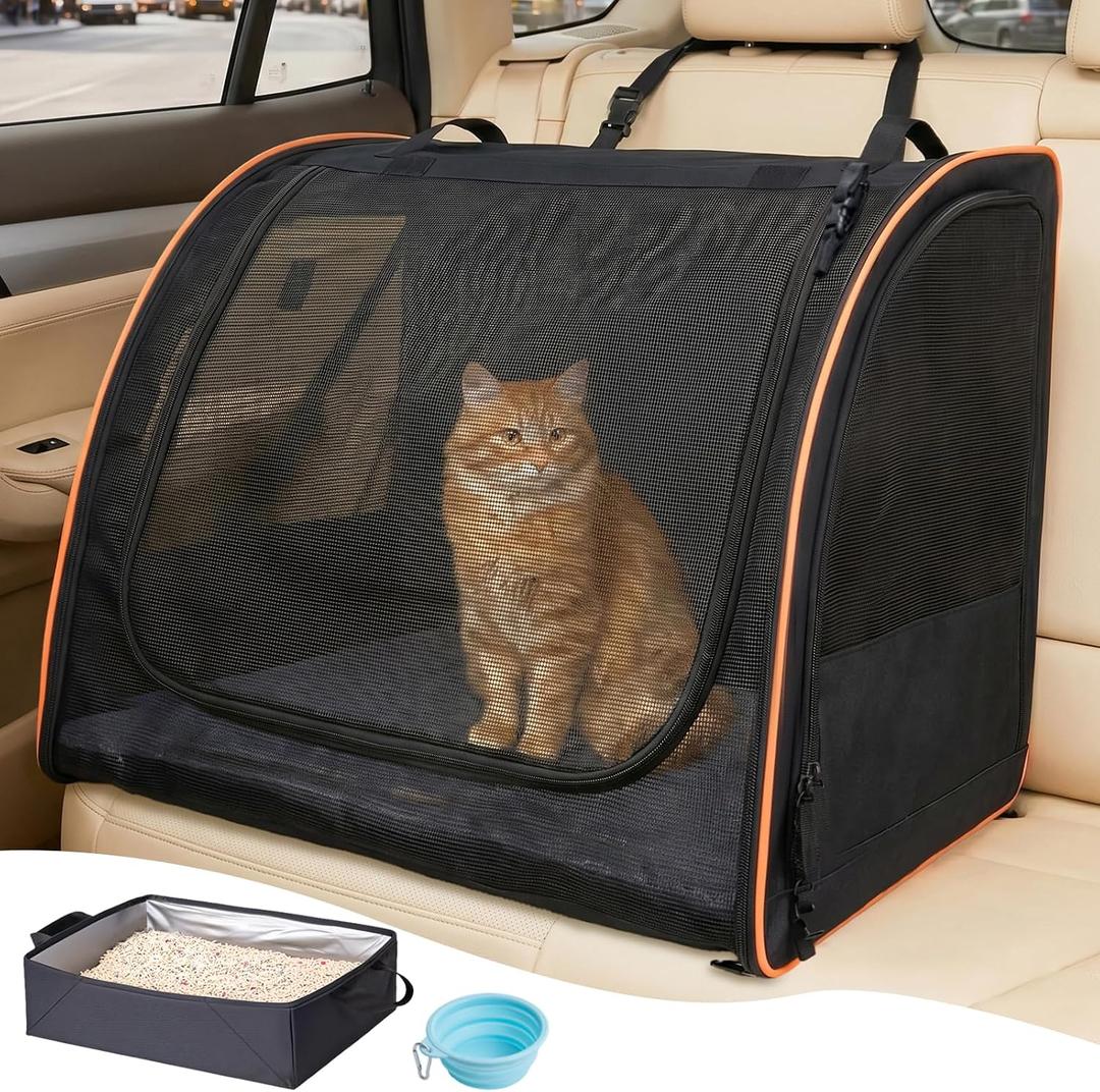 Cat Car Seat, Enclosed Carrier for Pets Travel Safety Cat Crate with Litter Box Soft-Sided Covered Car Kennel Carrier for Backseat
